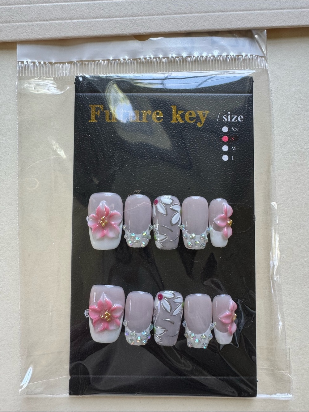 Future Key White French Tip Pink Floral 3D Press-On Nails with Pearl Accents